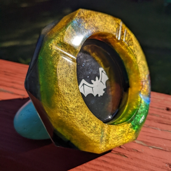 Bat Sage Burn Bowl Resin Art Handmade Chunky Gold Black Ashtray Artisan Goth - Picture 5 of 7
